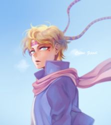 Rule 34 | 1boy, battle tendency, blonde hair, blue eyes, blue jacket, caesar anthonio zeppeli, character name, facial mark, feather hair ornament, feathers, fingerless gloves, gloves, hair ornament, headband, jacket, jojo no kimyou na bouken, male focus, pink scarf, scarf, sempon (doppio note), sky, solo, triangle print