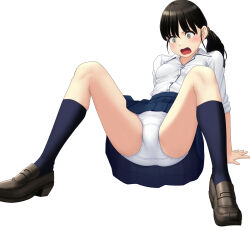 Rule 34 | 1girl, arm support, black eyes, black footwear, black hair, black scrunchie, blue skirt, blue socks, blush, commentary request, constricted pupils, crotch seam, dress shirt, fallen down, frown, hair ornament, hair scrunchie, highres, leaning back, loafers, low twintails, maburu (lojyq1eur3e8bit), miniskirt, open mouth, original, outstretched arms, panties, pantyshot, pleated skirt, school uniform, scrunchie, shirt, shoes, simple background, sitting, skirt, sleeves rolled up, socks, solo, spread arms, twintails, underwear, variant set, white background, white panties, white shirt, wing collar