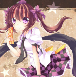 Rule 34 | 1girl, bad id, bad pixiv id, bow, brown hair, calligraphy brush, cellphone, cellphone charm, cellphone strap, charm (object), checkered clothes, checkered skirt, female focus, frilled skirt, frills, hair bow, hat, highres, himekaidou hatate, ikeda hazuki, miniskirt, necktie, paintbrush, phone, purple eyes, purple skirt, ribbon, skirt, smile, solo, star (symbol), tokin hat, touhou, twintails, wings