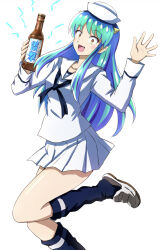 Rule 34 | 1girl, absurdres, alternate costume, beer bottle, black neckerchief, black socks, blouse, bottle, commentary, cone horns, crossover, dixie cup hat, fang, girls und panzer, grey hair, hat, highres, holding, holding bottle, horns, leg up, loafers, long hair, long sleeves, looking at viewer, loose socks, lum, military hat, miniskirt, neckerchief, omachi (slabco), ooarai naval school uniform, open mouth, pleated skirt, sailor, sailor collar, school uniform, shirt, shoes, simple background, single horizontal stripe, skirt, smile, socks, solo, standing, standing on one leg, translated, urusei yatsura, waving, white background, white footwear, white hat, white shirt, white skirt, yellow eyes