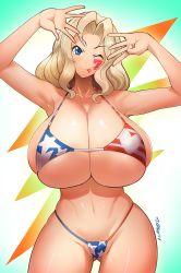 Rule 34 | 1girl, absurdres, alternate breast size, american flag bikini, armpits, arms up, bikini, blonde hair, blue eyes, blush, breasts, cleavage, clothes lift, covered erect nipples, flag print, girls und panzer, hair intakes, highres, huge breasts, huge filesize, kay (girls und panzer), long hair, one eye closed, partially visible vulva, print swimsuit, sasaki tatsuya, shiny skin, shirt lift, simple background, solo, standing, swimsuit, thong bikini, tongue, tongue out, wide hips, wink