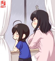 Rule 34 | 2girls, :3, aged down, ahoge, alternate costume, artist logo, black hair, blue shirt, brown hair, child, closed eyes, commentary request, curtains, dated, elbow rest, hair ornament, head rest, highres, indoors, kanon (kurogane knights), kantai collection, long sleeves, multiple girls, pink shirt, rain, red eyes, shigure (kancolle), shirt, short sleeves, smile, white curtains, window, yamashiro (kancolle)