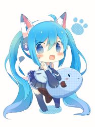 Rule 34 | 1girl, absurdly long hair, animal ear headphones, blue eyes, blue hair, blush, cat ear headphones, cat tail, chibi, fake animal ears, fish, hatsune miku, headphones, highres, long hair, looking at viewer, necktie, open mouth, simple background, skirt, solo, tail, thighhighs, twintails, ushiina, very long hair, vocaloid, white background
