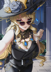Rule 34 | 1girl, bare shoulders, black pants, black shirt, blonde hair, blue eyes, breasts, cleavage, column, commentary, cowboy shot, genshin impact, hat, highres, jewelry, large breasts, long hair, looking at viewer, navia (genshin impact), necklace, open mouth, pants, pillar, ryuuneart, shirt, sleeveless, sleeveless shirt, solo, standing, sunglasses, very long hair
