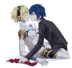 Rule 34 | 1boy, 1girl, aegis (persona), android, blonde hair, blue eyes, blue hair, blush, closed eyes, commentary request, elulit2, from side, gekkoukan high school uniform, hetero, joints, parted lips, persona, persona 3, profile, ribbon, robot ears, robot joints, school uniform, sexually suggestive, short hair, white background, yuuki makoto (persona 3)