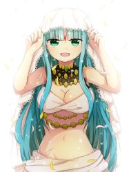 Rule 34 | 1girl, absurdres, akiran&#039;nu, akiranme, bad id, bad pixiv id, bare shoulders, breasts, cleavage, facial mark, forehead mark, green eyes, headdress, highres, jewelry, long hair, looking at viewer, midriff, navel, open mouth, parvati (p&amp;d), petals, puzzle &amp; dragons, solo, very long hair