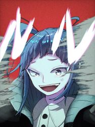 1girl ado_(utaite) black_jacket blue_eyes blue_hair collared_shirt commentary_request fang film_grain jacket long_hair open_clothes open_jacket red_background rule-chan_(ado) rule_(ado) shirt solo song_name tanake_(tanakei_ado) teeth twintails upper_body upper_teeth_only white_shirt