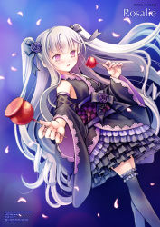 Rule 34 | 1girl, 2016, artist name, black ribbon, black shirt, black skirt, black thighhighs, blush, candy apple, character name, copyright name, dated, detached sleeves, dutch angle, embarrassed, flower, food, frilled thighhighs, frills, gothic wa mahou otome, hair ribbon, holding, holding food, lolita fashion, long hair, long sleeves, looking away, obi, parted lips, pink eyes, plastic moon, purple flower, purple rose, ribbon, rosalie (gothic wa mahou otome), rose, sash, shirt, silver hair, skirt, sleeveless, sleeveless shirt, solo, standing, thighhighs, twitter username, two side up, very long hair, wa lolita, watermark, web address, wide sleeves