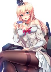 Rule 34 | 10s, 1girl, alternate legwear, bare shoulders, black pantyhose, blonde hair, blue eyes, blush, braid, breasts, cameltoe, cleavage, corset, covered erect nipples, crown, cup, dress, embarrassed, french braid, hair between eyes, hairband, highres, jewelry, kantai collection, large breasts, legs, long hair, long sleeves, looking at viewer, mini crown, necklace, off-shoulder dress, off shoulder, open mouth, panties, panties under pantyhose, pantyhose, silly (marinkomoe), sitting, solo, teacup, thighband pantyhose, thighs, underwear, warspite (kancolle), wavy mouth, white dress