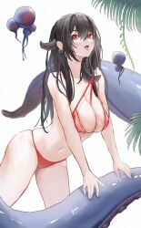Rule 34 | 1girl, absurdres, amam (64943468), azur lane, bikini, black hair, breasts, cleavage, hair between eyes, highres, large breasts, leaf, long hair, looking at viewer, navel, official alternate costume, open mouth, red bikini, red eyes, royal fortune (azur lane), royal fortune (eyes on the prize) (azur lane), simple background, solo, stomach, suction cups, swimsuit, tentacle hair, tentacles, tongue, tongue out, white background