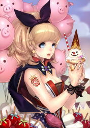 Rule 34 | 1girl, balloon, blonde hair, blue eyes, bow, breasts, candy apple, cleavage, earrings, food, hair bow, jewelry, long hair, medium breasts, nail polish, olivia (yh), open mouth, original, parfait, pig, solo, star (symbol), tattoo, tears