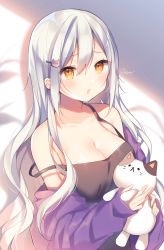 Rule 34 | 1girl, bare shoulders, black dress, breasts, brown eyes, cat hair ornament, cleavage, collarbone, commentary request, dress, grey hair, hair between eyes, hair ornament, hairclip, highres, holding, holding stuffed toy, jacket, medium breasts, off shoulder, open clothes, open jacket, original, purple jacket, shiino sera, signature, sleeveless, sleeveless dress, solo, strap slip, stuffed animal, stuffed cat, stuffed toy