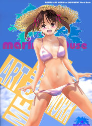 Rule 34 | 00s, 1girl, aoi-minori, bikini, blush, cover, fukuzawa yumi, hat, maria-sama ga miteru, solo, straw hat, swimsuit, twintails, undressing
