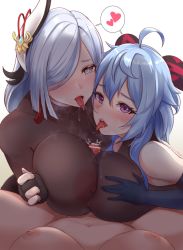 Rule 34 | 3girls, bar censor, between breasts, blue hair, bodysuit, breast hold, breast press, breasts squeezed together, breasts, censored, cooperative paizuri, covered erect nipples, dripping, drooling, elbow gloves, fellatio, futanari, ganyu (genshin impact), genshin impact, gloves, grey eyes, hair ornament, highres, horns, large breasts, long tongue, looking at viewer, lying, multiple girls, naughty face, on back, oral, paizuri, paizuri over clothes, penis, purple eyes, saliva, see-through, shenhe (genshin impact), spread legs, symmetrical docking, thighs, tinnies, tongue, tongue out, upper body, white hair