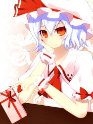 Rule 34 | 1girl, ascot, blouse, blue hair, blush, bow, box, chocolate, fingernails, hair between eyes, hand on own cheek, hand on own face, hat, hat bow, highres, junior27016, looking at viewer, mob cap, pink shirt, puffy sleeves, red eyes, remilia scarlet, ribbon, shirt, short sleeves, smile, solo, table, touhou, valentine, wrist cuffs, wristband