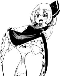 Rule 34 | 1girl, absurdres, ascot, cameltoe, clothes lift, collared shirt, dress, dress lift, fangs, hair ribbon, highres, himajin noizu, lifted by self, long sleeves, monochrome, open mouth, panties, ribbon, rumia, shirt, short hair, simple background, solo, teeth, touhou, underwear, upper teeth only