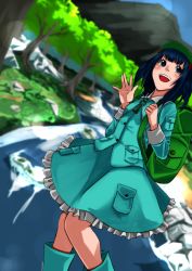 Rule 34 | 1girl, backpack, bag, blue eyes, blue hair, boots, buttons, dress, forest, frilled skirt, frills, hair bobbles, hair ornament, hat, itouebiko, kawashiro nitori, landscape, long sleeves, looking away, matching hair/eyes, mountain, nature, open mouth, pocket, river, rock, rubber boots, scenery, shirt, short hair, short twintails, skirt, skirt set, sky, smile, solo, touhou, tree, twintails, two side up, walking, water, waving, youkai mountain