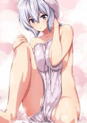 Rule 34 | 1girl, amasora taichi, artist request, breasts, hand on head, large breasts, looking at viewer, naked towel, purple hair, senki zesshou symphogear, shiny skin, sideboob, silver hair, sitting, solo, source request, towel, towel on head, wet, yukine chris