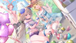 Rule 34 | 3girls, animal ears, arm up, balloon, belt, blonde hair, blue choker, blue dress, blue eyes, blue flower, bow, breasts, brown hair, brown thighhighs, card, character request, chibi, choker, confetti, day, dress, dutch angle, ears through headwear, flower, gashapon, green eyes, grey hair, hair bow, hair flower, hair ornament, hand on own hip, hands up, hat, highleg, highleg leotard, houchi shoujo, large breasts, leotard, long hair, low twintails, multiple girls, navel, off-shoulder shirt, off shoulder, official art, one eye closed, open mouth, outdoors, outstretched arm, pink bow, pink eyes, playboy bunny, playing card, purple belt, purple shorts, rabbit ears, rabbit tail, ribbon choker, seiza, shirt, short dress, short hair, short shorts, shorts, sitting, standing, star (symbol), star hair ornament, suzuho hotaru, tail, thigh strap, thighhighs, twintails, white leotard, white shirt, white thighhighs, wrist cuffs, yokozuwari