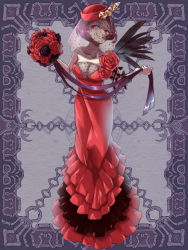 Rule 34 | 1girl, bouquet, breasts, brown hair, carnation, cleavage, dress, flower, full body, grey background, grin, hat, hidariude, kerberos blade, looking at viewer, official art, red dress, red eyes, red hat, short hair, simple background, smile, solo, standing, veil