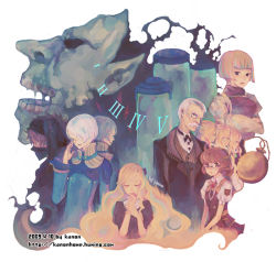 Rule 34 | 3boys, 6+girls, adjusting eyewear, ahoge, black-framed eyewear, black jacket, black neckwear, blonde hair, blouse, blue eyes, blue shirt, bob cut, bow, bowtie, brooch, brown eyes, brown hair, brown shirt, brown vest, buttons, character request, closed eyes, closed mouth, covered face, dark persona, darkness, dated, demon, extra eyes, facial hair, hair over one eye, hand to own mouth, jacket, jewelry, kanon (rsl), kiel-d-01, layered clothes, long hair, long sleeves, looking at viewer, mask, monster, multiple boys, multiple girls, mustache, necktie, old, old man, open mouth, own hands together, pocket watch, puffy long sleeves, puffy short sleeves, puffy sleeves, ragnarok online, ring, roman numeral, round eyewear, shirt, short hair, short sleeves, signature, simple background, striped clothes, striped vest, suit jacket, test tube, upper body, vest, watch, watermark, web address, white background, white hair, white shirt, wing collar