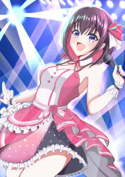 Rule 34 | 1girl, :d, absurdres, azki (3rd costume) (hololive), azki (hololive), bare shoulders, bow, brown hair, colored inner hair, detached collar, dress, flower, frilled dress, frills, hair between eyes, hair ribbon, highres, holding, holding microphone, hololive, index finger raised, layered dress, light rays, looking to the side, medium hair, microphone, multicolored hair, neck ribbon, official alternate costume, open mouth, outstretched arm, overskirt, pink dress, pink flower, pink hair, pink ribbon, pink rose, pink sash, pink skirt, purple eyes, ribbon, ritsuki kotowa, rose, sash, sidelocks, skirt, sleeveless, sleeveless dress, smile, spaghetti strap, stage, stage lights, two-tone hair, virtual youtuber, waist bow, wrist cuffs