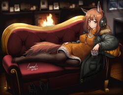 Rule 34 | 1girl, absurdres, animal ear fluff, animal ears, arknights, bead necklace, beads, black footwear, black jacket, black pantyhose, boots, braid, breasts, brown eyes, brown hair, couch, covered erect nipples, dress, fur collar, hagane ryusuke, hand on own hip, headphones, highres, holding, implied extra ears, jacket, jewelry, long hair, long sleeves, looking at viewer, lying, medium breasts, necklace, night, on couch, on side, open clothes, open jacket, orange dress, pantyhose, parted lips, picture frame, ratatos browntail (arknights), snow globe, solo, squirrel ears, squirrel girl, squirrel tail, tail, unworn boots, window