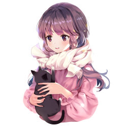 Rule 34 | 1girl, absurdres, animal, bad id, bad pixiv id, blush, brown hair, cat, highres, holding, holding animal, holding cat, long hair, long sleeves, looking at another, miyaza, original, parted lips, puffy long sleeves, puffy sleeves, purple eyes, scarf, simple background, smile, solo, swept bangs, teeth, upper body, white background, white scarf