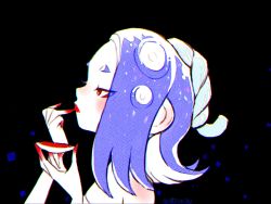 Rule 34 | 1girl, applying makeup, black hair, blue hair, from side, hair over one eye, highres, lipstick, makeup, mimimimiguchan, nintendo, octoling, octoling player character, red eyes, red lips, shiver (splatoon), solo, splatoon (series), splatoon 3, tentacle hair
