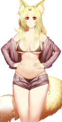 Rule 34 | 1girl, animal ear fluff, animal ears, ayakashibito, bare legs, bare shoulders, bikini, bikini under clothes, black bikini, blonde hair, breasts, closed mouth, commentary request, denim, denim shorts, eyes visible through hair, fox ears, fox tail, hair over breasts, hand on own hip, highres, hounan, kasei yukimitsu, large breasts, long hair, off shoulder, open clothes, red eyes, short shorts, shorts, simple background, solo, standing, stomach, swimsuit, tail, white background