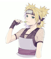 Rule 34 | 1girl, :t, black gloves, blonde hair, collarbone, cropped arms, cropped torso, eating, fingerless gloves, fishnet sleeves, fishnets, food, food on face, gloves, green eyes, headband, highres, holding, medium hair, naruto (series), naruto shippuuden, short sleeves, simple background, solo, suzu (tg 390), temari (naruto), upper body, white background