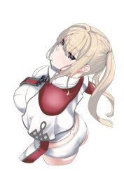 Rule 34 | 1girl, absurdres, anchor ornament, blonde hair, breasts, celtic knot, cropped arms, from above, from behind, graf zeppelin (kancolle), grey eyes, highres, jouzaburou (joe3), kantai collection, large breasts, looking up, necktie, panties, shirt, sidelocks, simple background, solo, tsurime, twintails, underwear, white background, white panties, white shirt