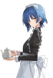 Rule 34 | 1girl, alternate costume, apron, back bow, black collar, black sleeves, blue hair, bocchi the rock!, bow, breasts, collar, earrings, enmaided, expressionless, hair ornament, hairclip, head tilt, highres, holding, holding teapot, jewelry, juliet sleeves, kanaria hisagi, long sleeves, looking at viewer, looking to the side, maid, maid apron, maid headdress, mole, mole under eye, puffy sleeves, short hair, sidelocks, simple background, small breasts, solo, standing, stud earrings, teapot, white apron, white background, white bow, white wrist cuffs, wrist cuffs, yamada ryo, yellow eyes