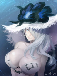 Rule 34 | 10s, 1girl, abyssal ship, blue eyes, breasts, check commentary, cleavage, commentary request, cowboy shot, dress, hair over one eye, huge breasts, ifo, kantai collection, long hair, looking at viewer, seaport summer princess, solo, sundress, twitter username, upper body, white hair