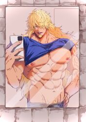 Rule 34 | 1boy, abs, ame ekai, bara, bare pectorals, beard, blonde hair, clothes lift, dark-skinned male, dark skin, facial hair, goatee, hair over one eye, highres, killer (one piece), large hands, large pectorals, long hair, looking at mirror, looking at viewer, male focus, mirror, muscular, muscular male, navel, nipples, one piece, pectorals, pubic hair, pubic hair peek, selfie, shirt lift, solo, stomach, thick beard, veins, veiny arms, veiny crotch, wavy hair