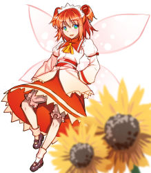 Rule 34 | 1girl, aqua eyes, ascot, bloomers, brown hair, fairy wings, flower, jonylaser, juliet sleeves, long sleeves, maid headdress, mary janes, open mouth, puffy sleeves, shirt, shoes, simple background, skirt, smile, solo, sunflower, sunny milk, touhou, two side up, underwear, upskirt, wings