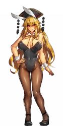 Rule 34 | 1girl, animal ears, bare shoulders, blonde hair, blush, bow, bowtie, breasts, brown pantyhose, detached collar, fake animal ears, hand on own hip, hat, high heels, highres, junko (touhou), large breasts, leotard, long hair, looking at viewer, melon22, open mouth, pantyhose, playboy bunny, rabbit ears, red eyes, simple background, solo, touhou, white background, wrist cuffs