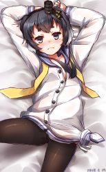 Rule 34 | 1girl, anchor symbol, arms up, bad id, bad pixiv id, bed, bed sheet, black eyes, black hair, black hairband, black hat, blue sailor collar, blush, brown pantyhose, closed eyes, crotch seam, dated, from above, frown, gradient hair, green eyes, hairband, hat, kantai collection, long sleeves, looking at viewer, lying, mini hat, multicolored eyes, multicolored hair, neckerchief, necktie, no pants, on back, pantyhose, partially unbuttoned, sailor collar, school uniform, serafuku, shirt, short hair with long locks, sidelocks, solo, tareme, thick eyebrows, tokitsukaze (kancolle), undone neckerchief, undone necktie, white hair, white shirt, yellow neckwear, yufuissei0702
