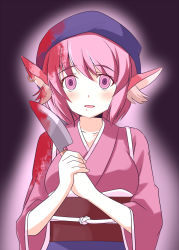 Rule 34 | 1girl, animal ears, be (o-hoho), blood, blood on clothes, blood in hair, bloody knife, blush, ear piercing, earrings, female focus, hat, highres, japanese clothes, jewelry, kimono, knife, looking at viewer, mystia lorelei, obi, okamisty, open mouth, piercing, pink eyes, pink hair, pink kimono, ringed eyes, sash, short hair, short sleeves, solo, touhou, wide sleeves, yandere, yukata