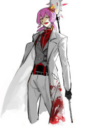 Rule 34 | 1girl, black gloves, blood, blood on clothes, circular saw, coat, e.g.o (project moon), employee (project moon), gloves, grey vest, holding, holding weapon, lobotomy corporation, long sleeves, nishikujic, open mouth, pants, project moon, purple hair, red shirt, saw, shirt, short twintails, simple background, smile, solo, twintails, vest, weapon, white background, white coat, white pants, wing collar, yellow eyes