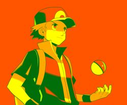 Rule 34 | 1boy, backpack, bag, baseball cap, brown hair, closed mouth, commentary request, creatures (company), game freak, hat, jacket, jaho, male focus, nintendo, orange background, poke ball, poke ball (basic), pokemon, pokemon frlg, popped collar, red (pokemon), red eyes, red hat, short hair, short sleeves, simple background, solo, upper body, wristband