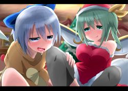 Rule 34 | 2girls, :p, alternate costume, bare shoulders, black legwear, blue eyes, blue hair, blush, bow, breasts, christmas, christmas tree, cirno, daiyousei, elbow gloves, fairy wings, female focus, gloves, green eyes, green hair, hair bow, hair ribbon, hat, ice, ice wings, kuromu (underporno), large breasts, letterboxed, multiple girls, naughty face, open mouth, ribbon, santa hat, short hair, side ponytail, smile, spread legs, thighhighs, tongue, tongue out, touhou, uneven eyes, wings