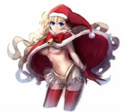 Rule 34 | 1girl, bell, blonde hair, blue hair, bow, breasts, cape, character request, christmas, cloak, cropped legs, gloves, hat, large breasts, long hair, miniskirt, navel, no bra, red gloves, red thighhighs, santa hat, skirt, smile, thighhighs, topless, topless male, underboob, very long hair, yusano