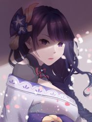 Rule 34 | 1girl, braid, breasts, closed mouth, commentary, english commentary, falling petals, flower, from side, genshin impact, hair ornament, highres, japanese clothes, kimono, large breasts, long hair, looking at viewer, mole, mole under eye, petals, purple eyes, purple flower, purple hair, raiden shogun, simple background, solo, wirucchi