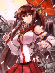Rule 34 | 10s, 1girl, blush, breasts, brown hair, cherry blossoms, detached sleeves, edobox, flower, hair flower, hair ornament, kantai collection, large breasts, long hair, looking at viewer, oil-paper umbrella, ponytail, red eyes, skirt, smile, solo, umbrella, very long hair, yamato (kancolle)