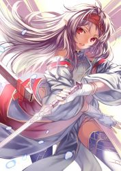 Rule 34 | 10s, 1girl, alternate hair color, armor, breastplate, cross, fingerless gloves, gloves, headband, holding, looking at viewer, miyazakisoul, pointy ears, red eyes, scabbard, sheath, silver hair, solo, sword, sword art online, thighhighs, weapon, white background, yuuki (sao)