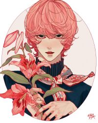 Rule 34 | 1boy, absurdres, black eyes, blue shirt, border, closed mouth, flower, grey background, high collar, highres, holding, holding flower, kagoya1219, lily (flower), looking at viewer, male focus, nail polish, neckerchief, original, outside border, pink flower, pink hair, print neckerchief, red nails, sanpaku, shirt, short hair, signature, simple background, solo, straight-on, upper body, white border