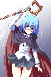 Rule 34 | 00s, 1girl, artist request, blouse, blue eyes, blue hair, blush, brooch, cape, female focus, glasses, gradient background, jewelry, matching hair/eyes, panties, shirt, skirt, solo, staff, standing, striped clothes, striped panties, tabitha (zero no tsukaima), underwear, zero no tsukaima