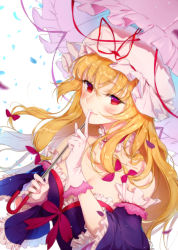 Rule 34 | 1girl, blonde hair, bow, chinese commentary, dress, gloves, hair bow, hat, hat ribbon, holding, holding umbrella, index finger raised, looking at viewer, mob cap, parasol, petals, pink hat, purple dress, red bow, red eyes, red ribbon, ribbon, simple background, smile, solo, touhou, umbrella, upper body, white background, white gloves, wukloo, yakumo yukari