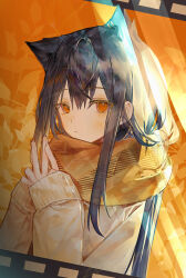 Rule 34 | 0 (znanimo), 1girl, absurdres, animal ears, arknights, black hair, blush, ear piercing, film strip, floral background, highres, long hair, looking at viewer, orange background, orange eyes, piercing, scarf, spotlight, sweater, texas (arknights), v, white sweater, wolf ears